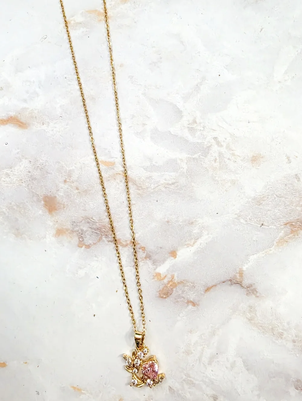 Dainty Gold Heart & Leaf Pendant Necklace Pink Crystal Jewelry